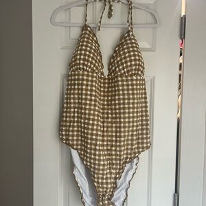J. Crew Brown and White Checkered One Piece Swimsuit